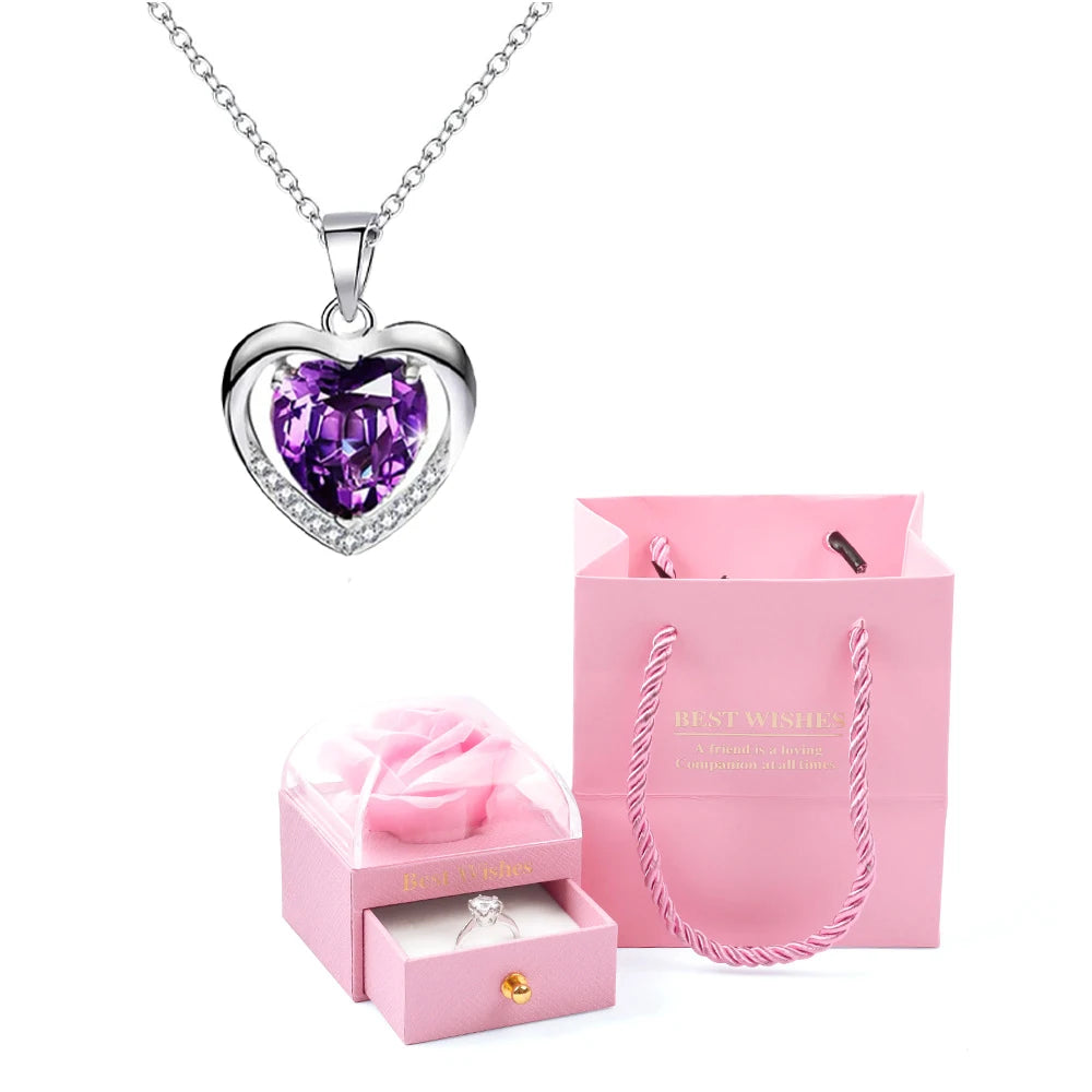 Heart Pendant Necklaces For Women With Rose Flower Gift Box Girlfriend Mother Family Birthday Fashion Romantic Surprise Gifts