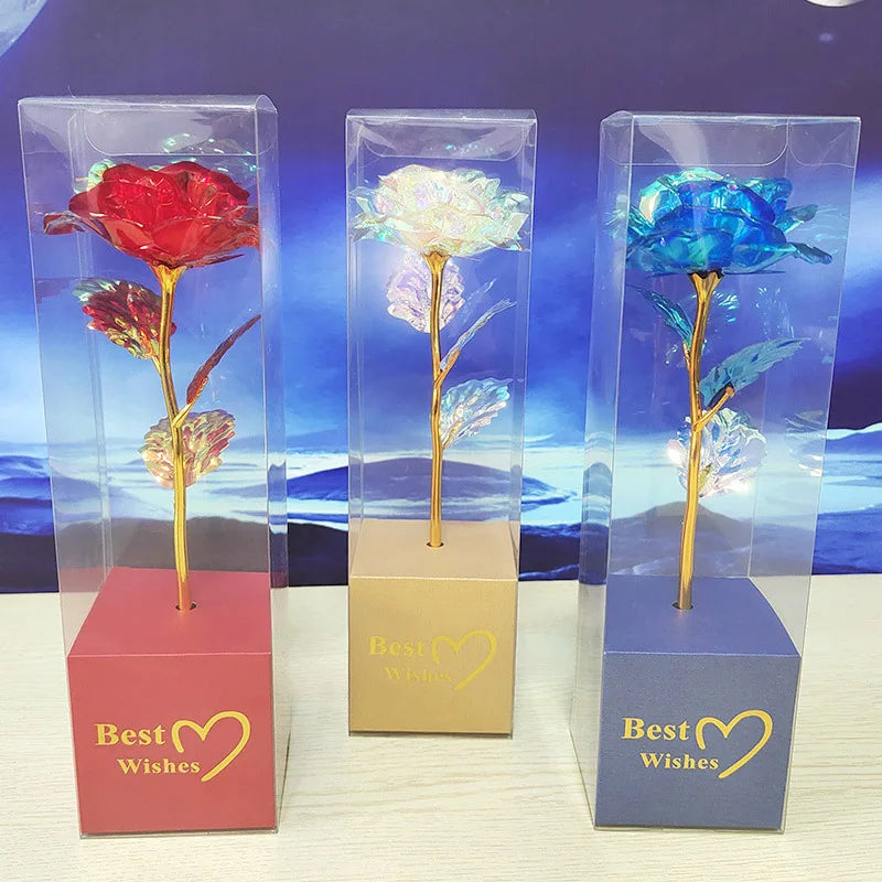 Galaxy Rose Eternal 24K Gold Flower Foil Plastic Artificial Roses Valentines Day Forever Wedding Decor Roses Creative Gift Decor