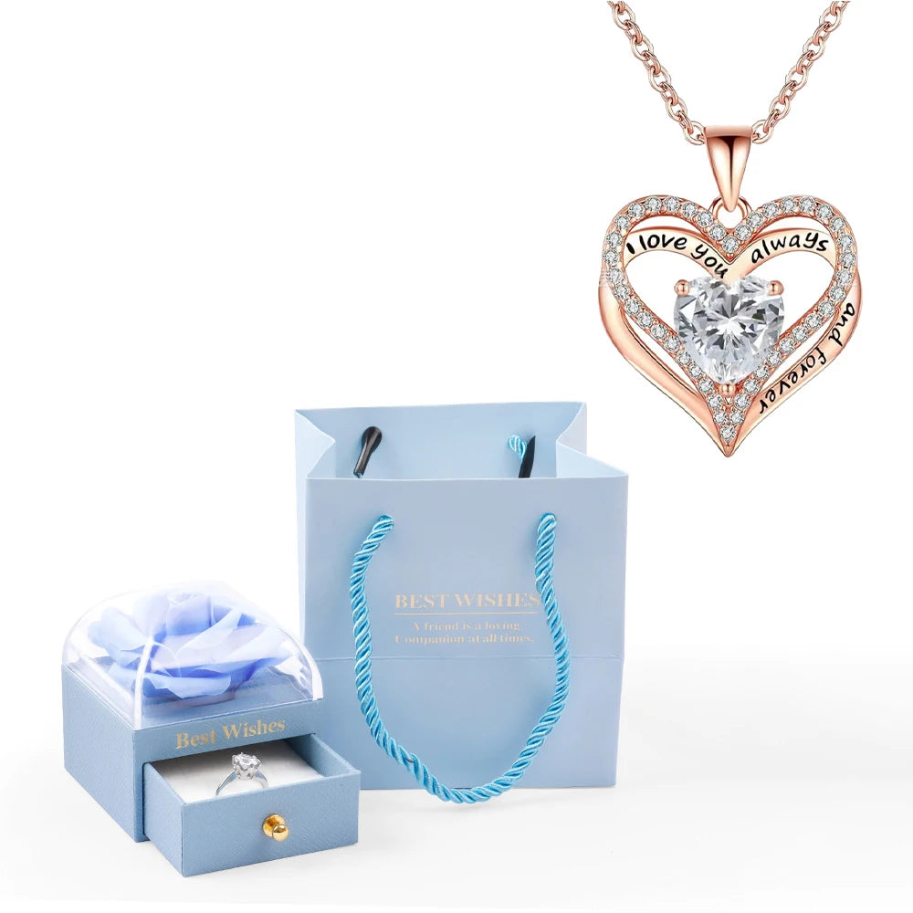 Heart Pendant Necklaces For Women With Rose Flower Gift Box Girlfriend Mother Family Birthday Fashion Romantic Surprise Gifts