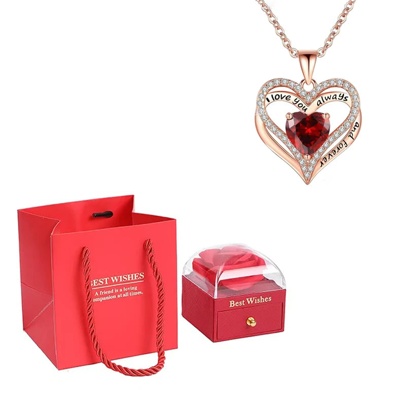 Heart Pendant Necklaces For Women With Rose Flower Gift Box Girlfriend Mother Family Birthday Fashion Romantic Surprise Gifts