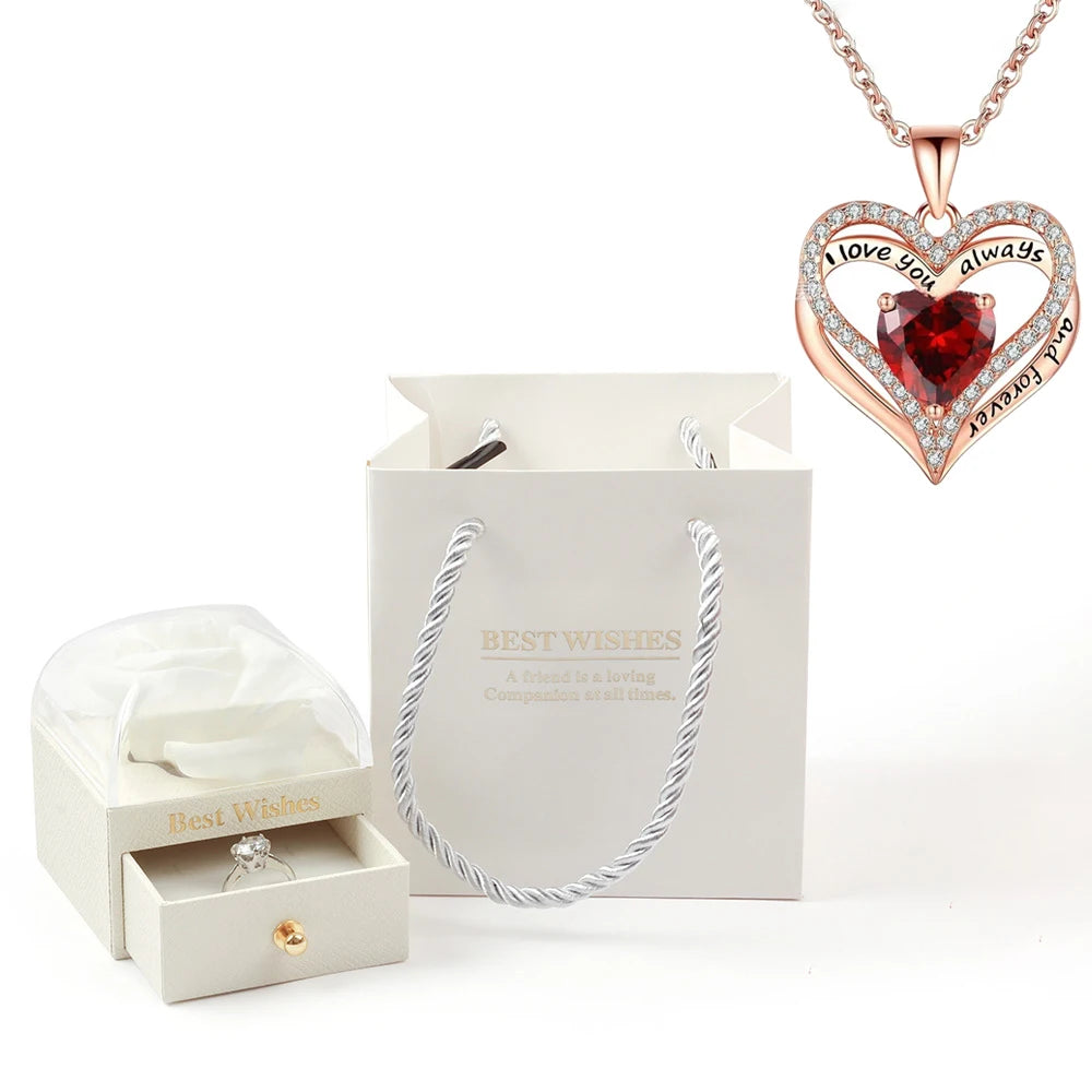 Heart Pendant Necklaces For Women With Rose Flower Gift Box Girlfriend Mother Family Birthday Fashion Romantic Surprise Gifts