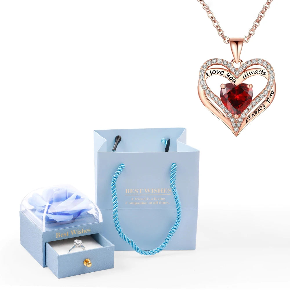 Heart Pendant Necklaces For Women With Rose Flower Gift Box Girlfriend Mother Family Birthday Fashion Romantic Surprise Gifts