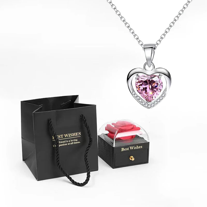 Heart Pendant Necklaces For Women With Rose Flower Gift Box Girlfriend Mother Family Birthday Fashion Romantic Surprise Gifts