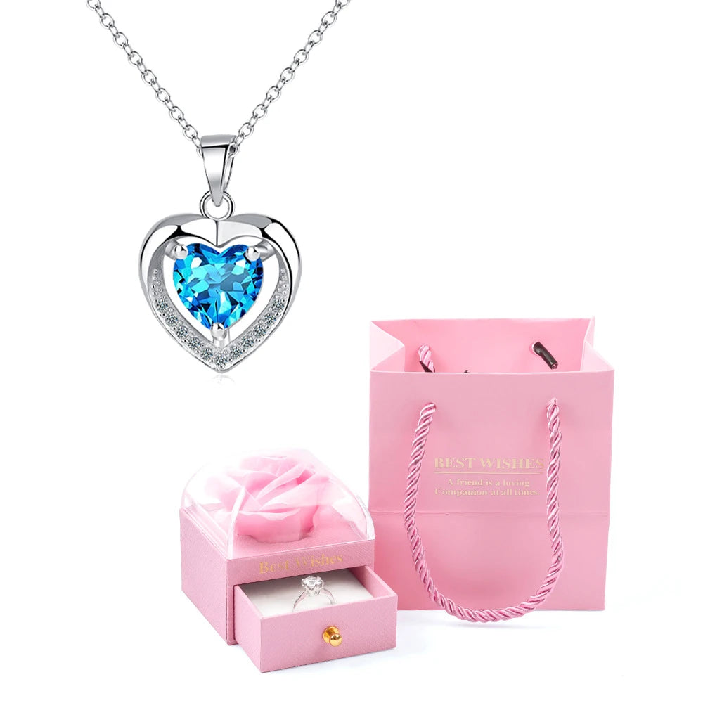 Heart Pendant Necklaces For Women With Rose Flower Gift Box Girlfriend Mother Family Birthday Fashion Romantic Surprise Gifts