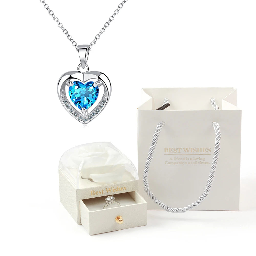 Heart Pendant Necklaces For Women With Rose Flower Gift Box Girlfriend Mother Family Birthday Fashion Romantic Surprise Gifts
