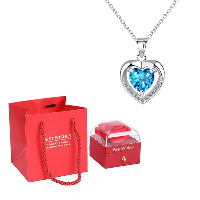 Heart Pendant Necklaces For Women With Rose Flower Gift Box Girlfriend Mother Family Birthday Fashion Romantic Surprise Gifts