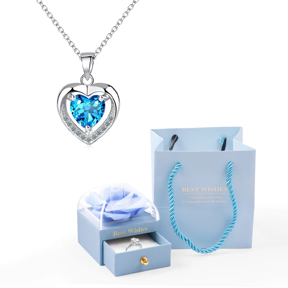 Heart Pendant Necklaces For Women With Rose Flower Gift Box Girlfriend Mother Family Birthday Fashion Romantic Surprise Gifts