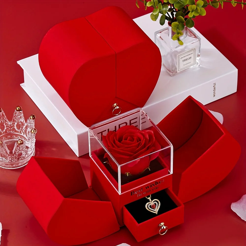 Christmas, Valentine'S Day Romantic Date Gift High-End Necklace Set with Red Rose Gift Box,Elegant and Charming Necklace Set