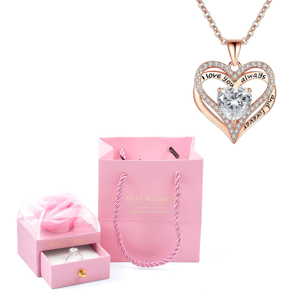 Heart Pendant Necklaces For Women With Rose Flower Gift Box Girlfriend Mother Family Birthday Fashion Romantic Surprise Gifts
