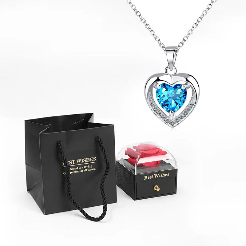 Heart Pendant Necklaces For Women With Rose Flower Gift Box Girlfriend Mother Family Birthday Fashion Romantic Surprise Gifts