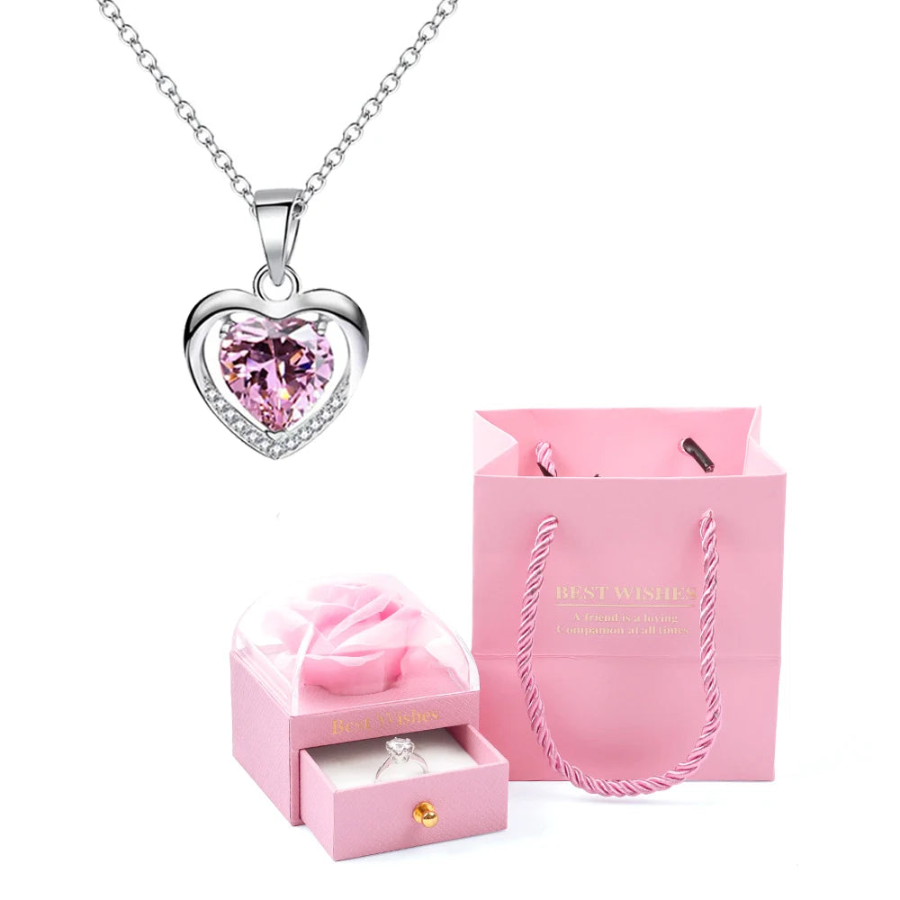 Heart Pendant Necklaces For Women With Rose Flower Gift Box Girlfriend Mother Family Birthday Fashion Romantic Surprise Gifts