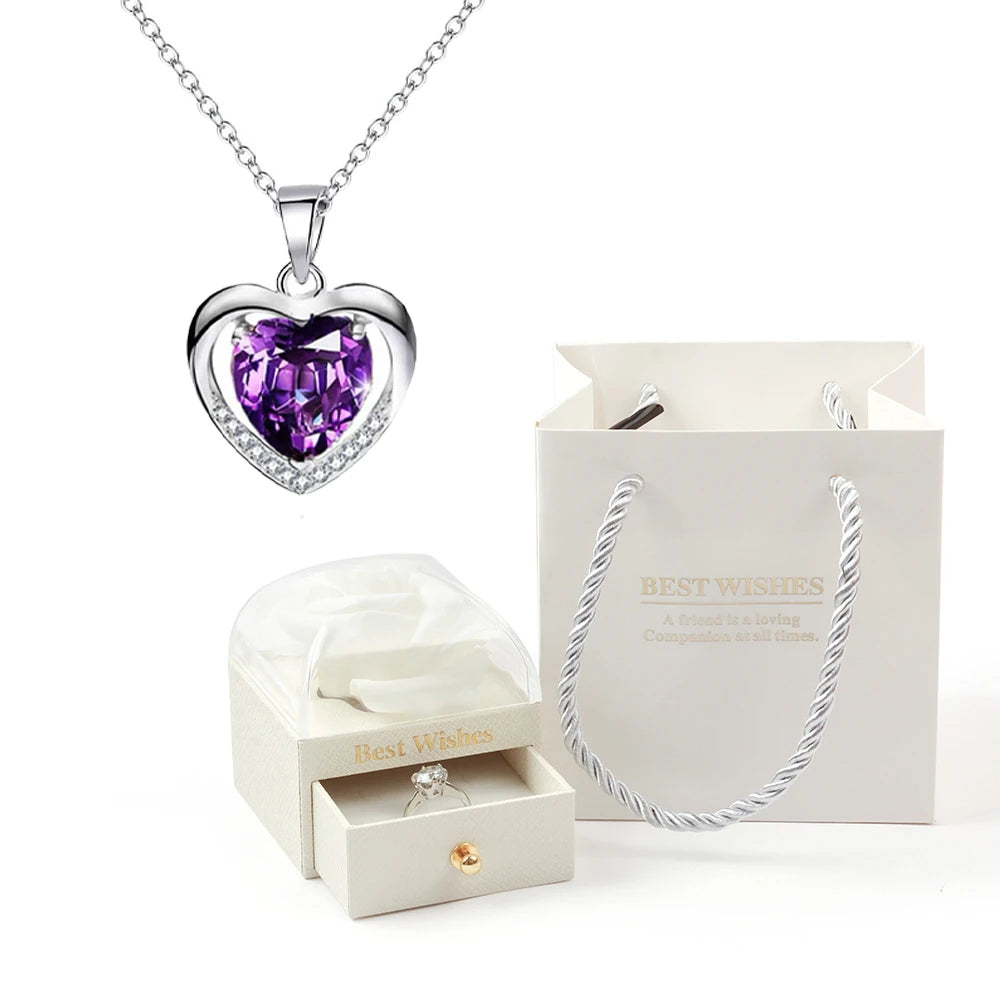 Heart Pendant Necklaces For Women With Rose Flower Gift Box Girlfriend Mother Family Birthday Fashion Romantic Surprise Gifts