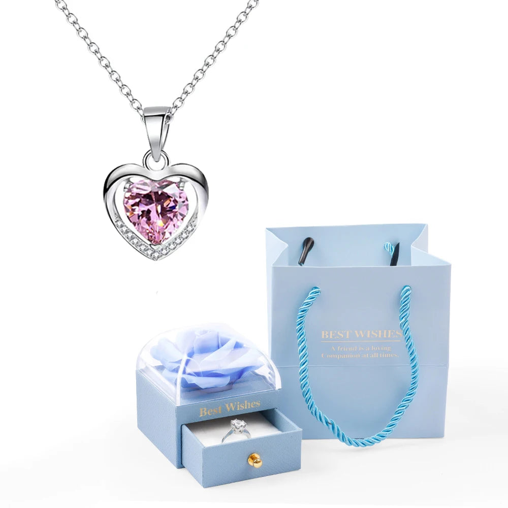 Heart Pendant Necklaces For Women With Rose Flower Gift Box Girlfriend Mother Family Birthday Fashion Romantic Surprise Gifts