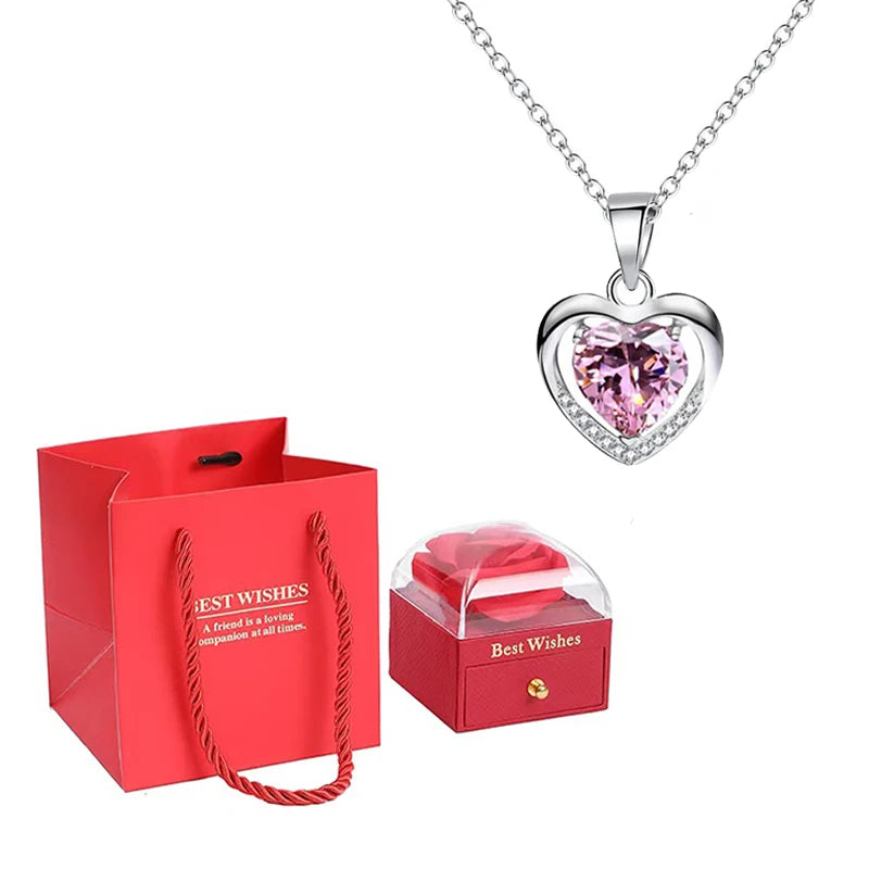 Heart Pendant Necklaces For Women With Rose Flower Gift Box Girlfriend Mother Family Birthday Fashion Romantic Surprise Gifts