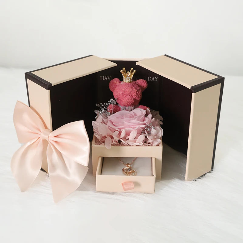 Heart Copper Zircon Pendant Necklaces With Cute Bear Rose Flower Gift Box New Christmas Friends Birthday Valentine Gifts