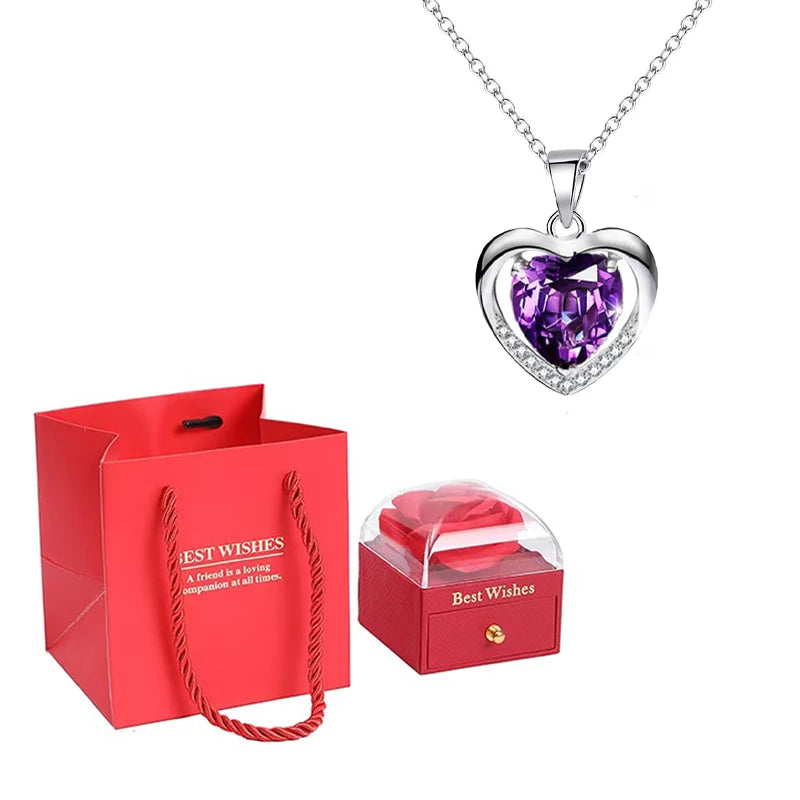 Heart Pendant Necklaces For Women With Rose Flower Gift Box Girlfriend Mother Family Birthday Fashion Romantic Surprise Gifts