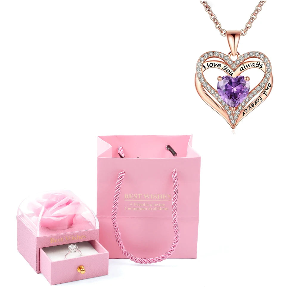 Heart Pendant Necklaces For Women With Rose Flower Gift Box Girlfriend Mother Family Birthday Fashion Romantic Surprise Gifts