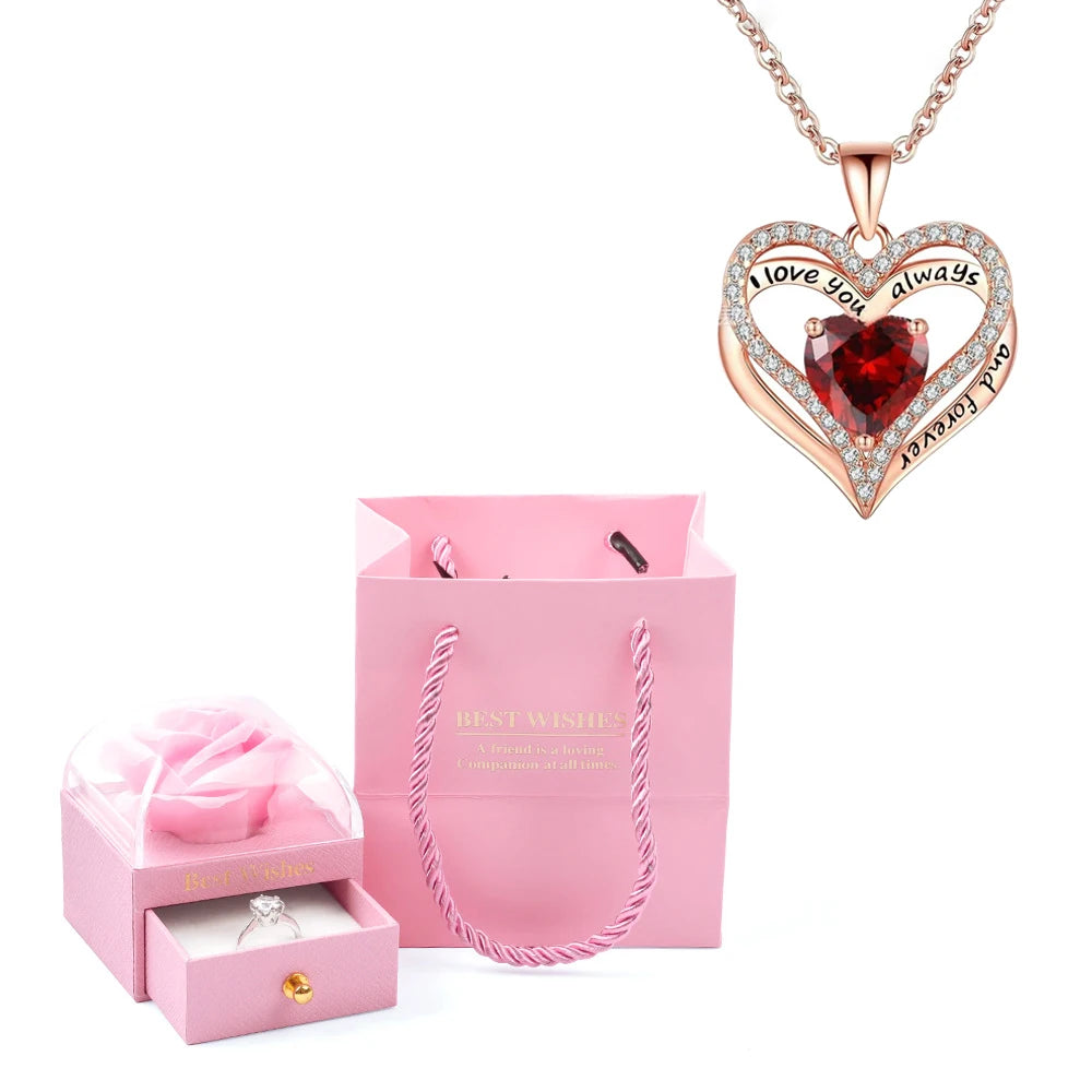 Heart Pendant Necklaces For Women With Rose Flower Gift Box Girlfriend Mother Family Birthday Fashion Romantic Surprise Gifts