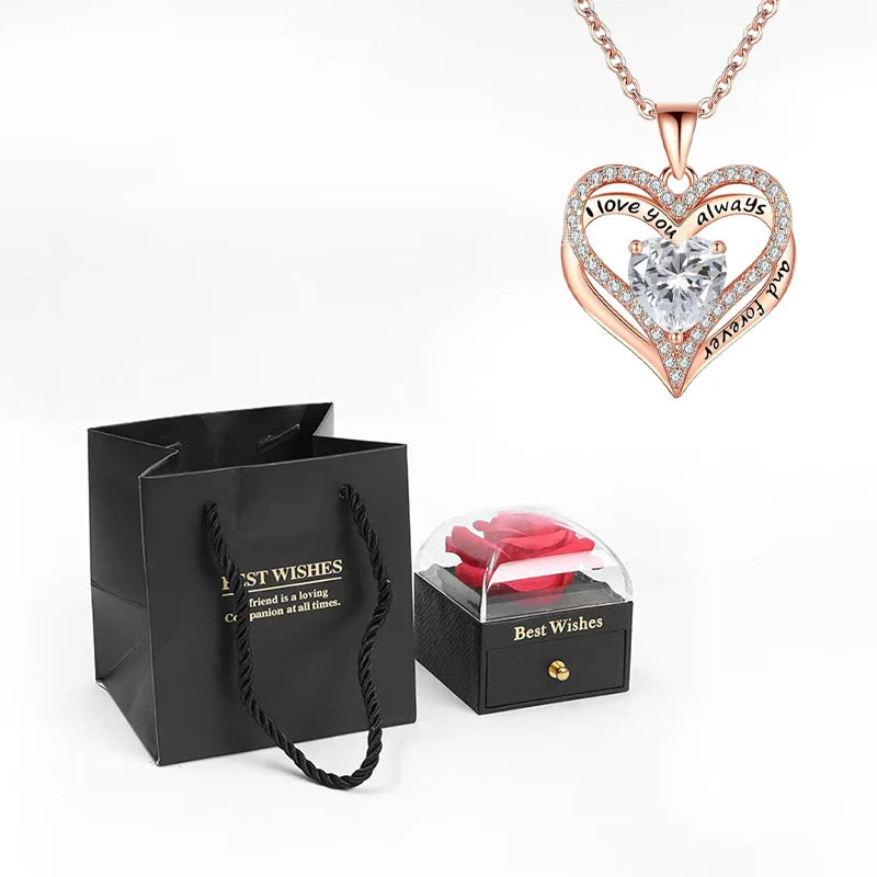 Heart Pendant Necklaces For Women With Rose Flower Gift Box Girlfriend Mother Family Birthday Fashion Romantic Surprise Gifts
