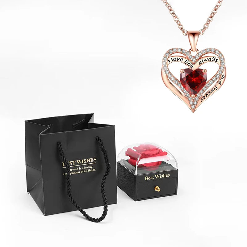 Heart Pendant Necklaces For Women With Rose Flower Gift Box Girlfriend Mother Family Birthday Fashion Romantic Surprise Gifts