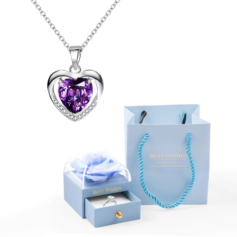 Heart Pendant Necklaces For Women With Rose Flower Gift Box Girlfriend Mother Family Birthday Fashion Romantic Surprise Gifts