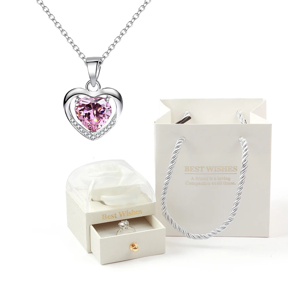 Heart Pendant Necklaces For Women With Rose Flower Gift Box Girlfriend Mother Family Birthday Fashion Romantic Surprise Gifts
