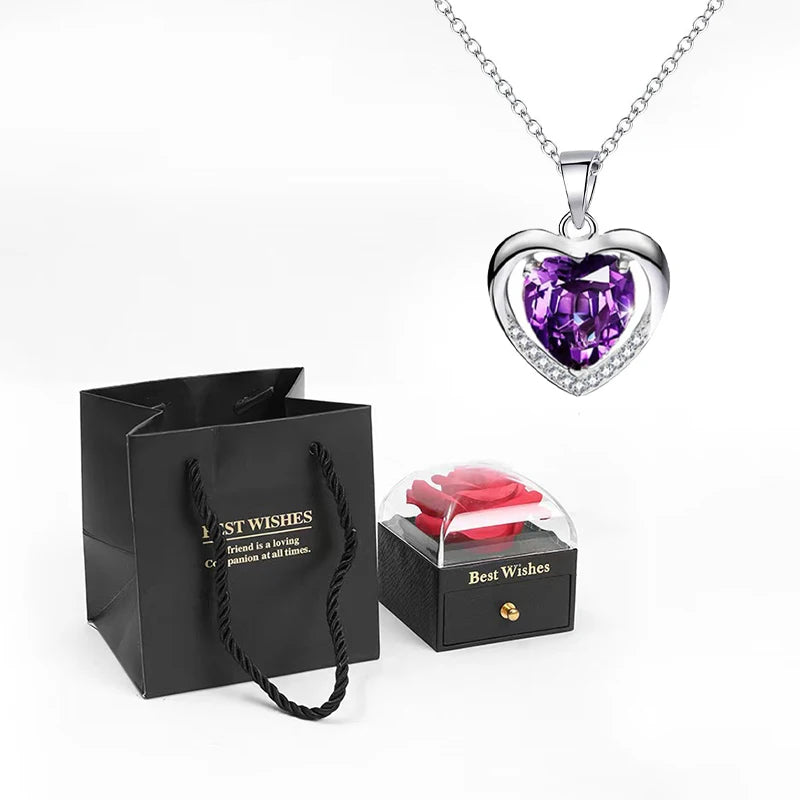 Heart Pendant Necklaces For Women With Rose Flower Gift Box Girlfriend Mother Family Birthday Fashion Romantic Surprise Gifts