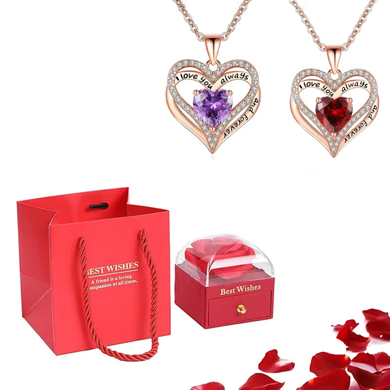 Heart Pendant Necklaces For Women With Rose Flower Gift Box Girlfriend Mother Family Birthday Fashion Romantic Surprise Gifts