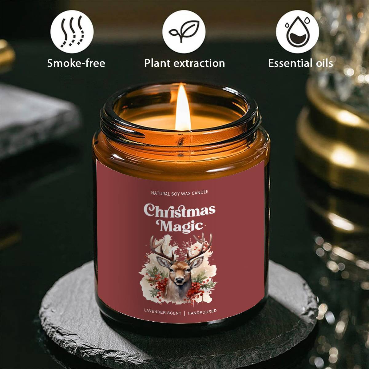 1pc Christmas Magic Lavender Scented Soy Wax Candle in Glass Jar - Smoke-Free Essential Oils, Festive Holiday Centerpiece, Natural Aromatherapy Candle for Home Decor, Xmas Gifts, and Seasonal Ambiance