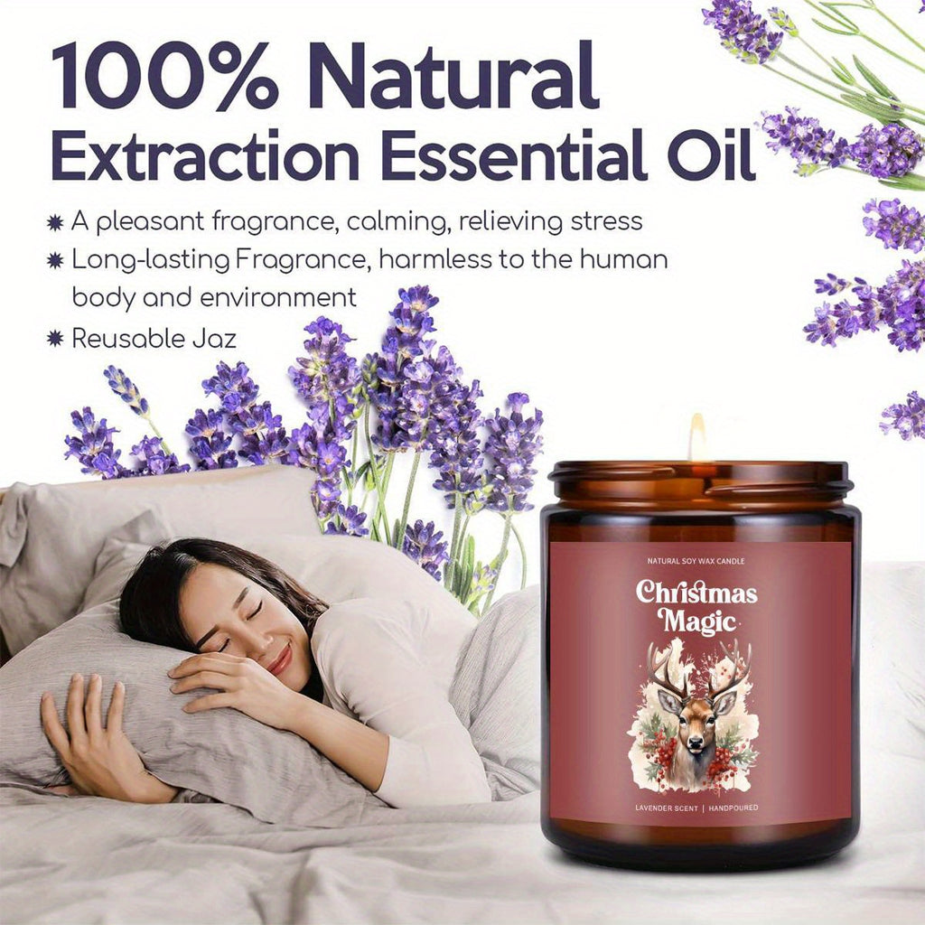 1pc Christmas Magic Lavender Scented Soy Wax Candle in Glass Jar - Smoke-Free Essential Oils, Festive Holiday Centerpiece, Natural Aromatherapy Candle for Home Decor, Xmas Gifts, and Seasonal Ambiance