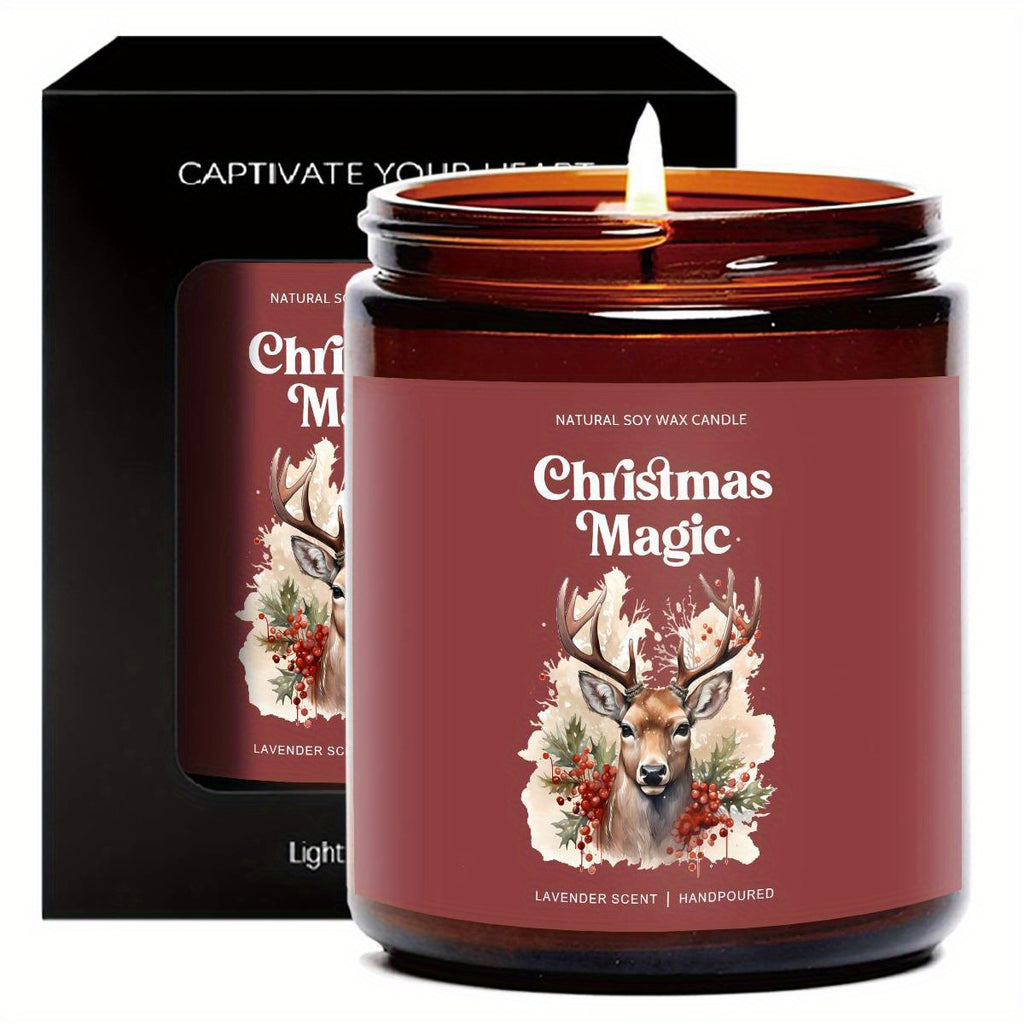 1pc Christmas Magic Lavender Scented Soy Wax Candle in Glass Jar - Smoke-Free Essential Oils, Festive Holiday Centerpiece, Natural Aromatherapy Candle for Home Decor, Xmas Gifts, and Seasonal Ambiance