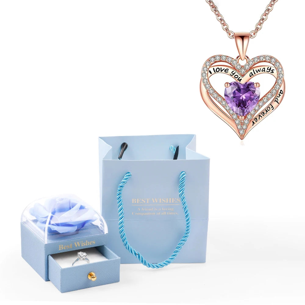 Heart Pendant Necklaces For Women With Rose Flower Gift Box Girlfriend Mother Family Birthday Fashion Romantic Surprise Gifts
