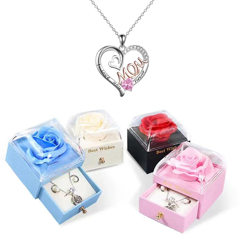Heart Pendant Birthstone Necklaces For Women With Rose Gift Box Stainless Steel Chain Fashion Mom Christmas Gifts Jewelry