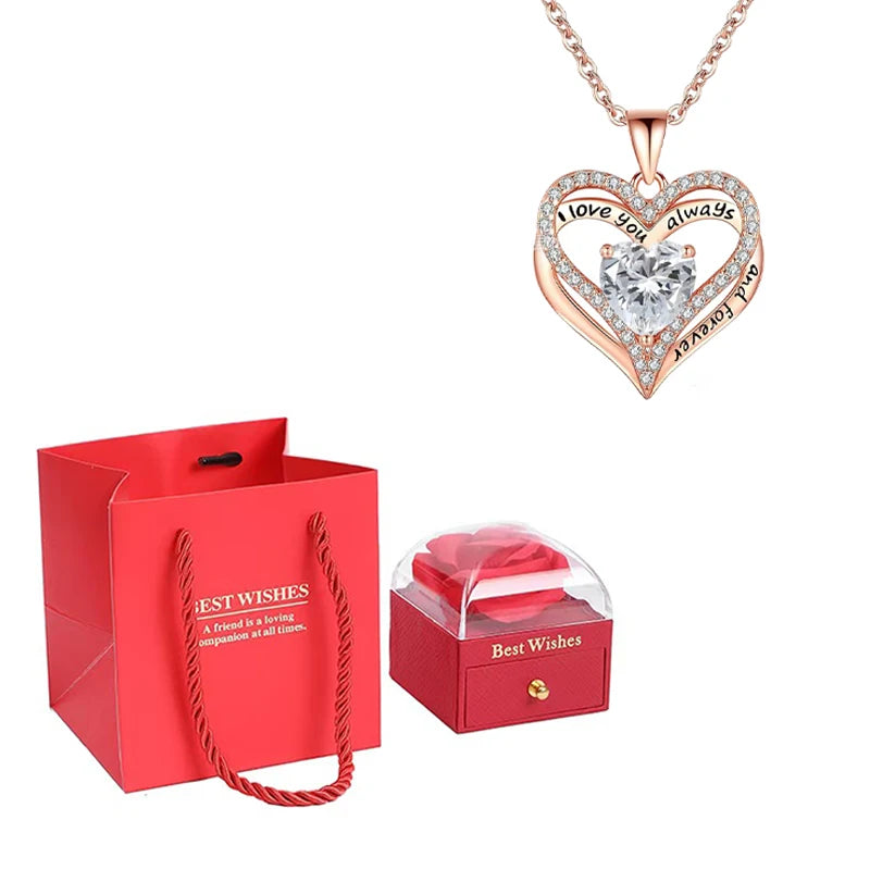 Heart Pendant Necklaces For Women With Rose Flower Gift Box Girlfriend Mother Family Birthday Fashion Romantic Surprise Gifts