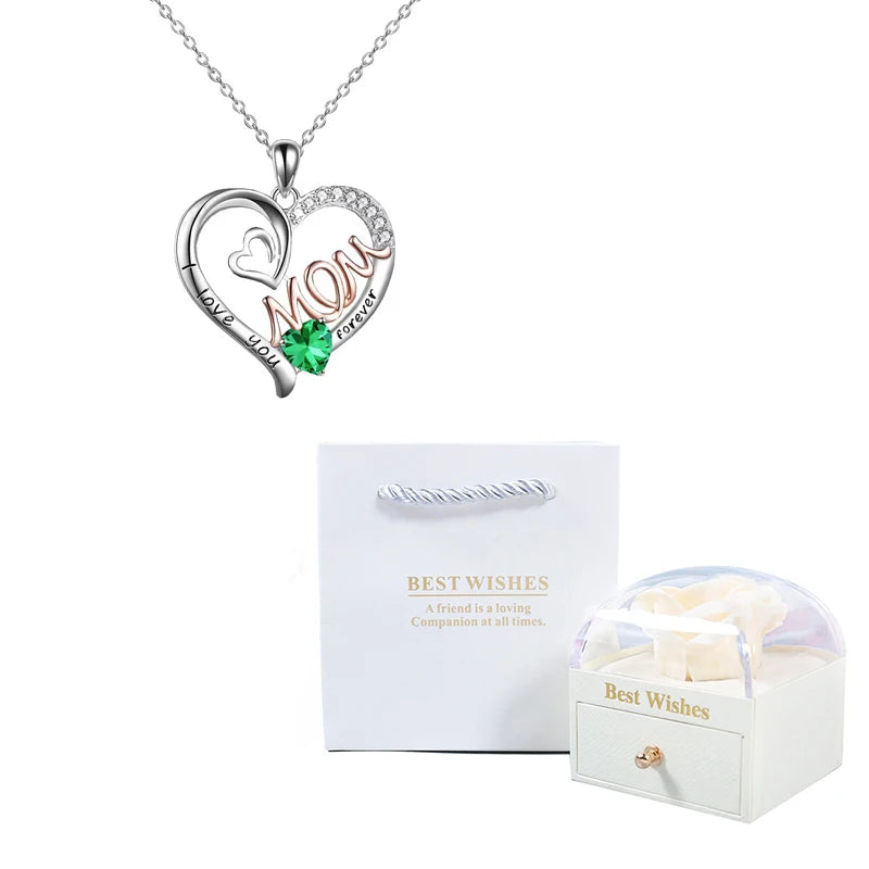 Heart Pendant Birthstone Necklaces For Women With Rose Gift Box Stainless Steel Chain Fashion Mom Christmas Gifts Jewelry