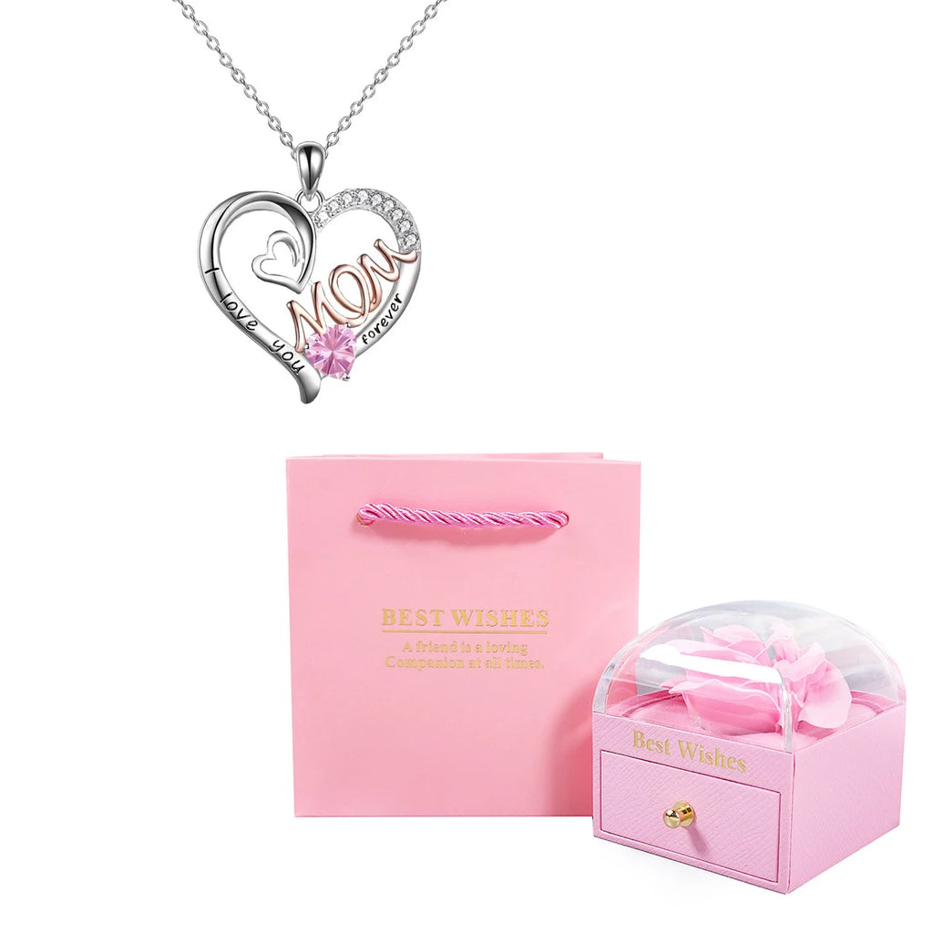 Heart Pendant Birthstone Necklaces For Women With Rose Gift Box Stainless Steel Chain Fashion Mom Christmas Gifts Jewelry