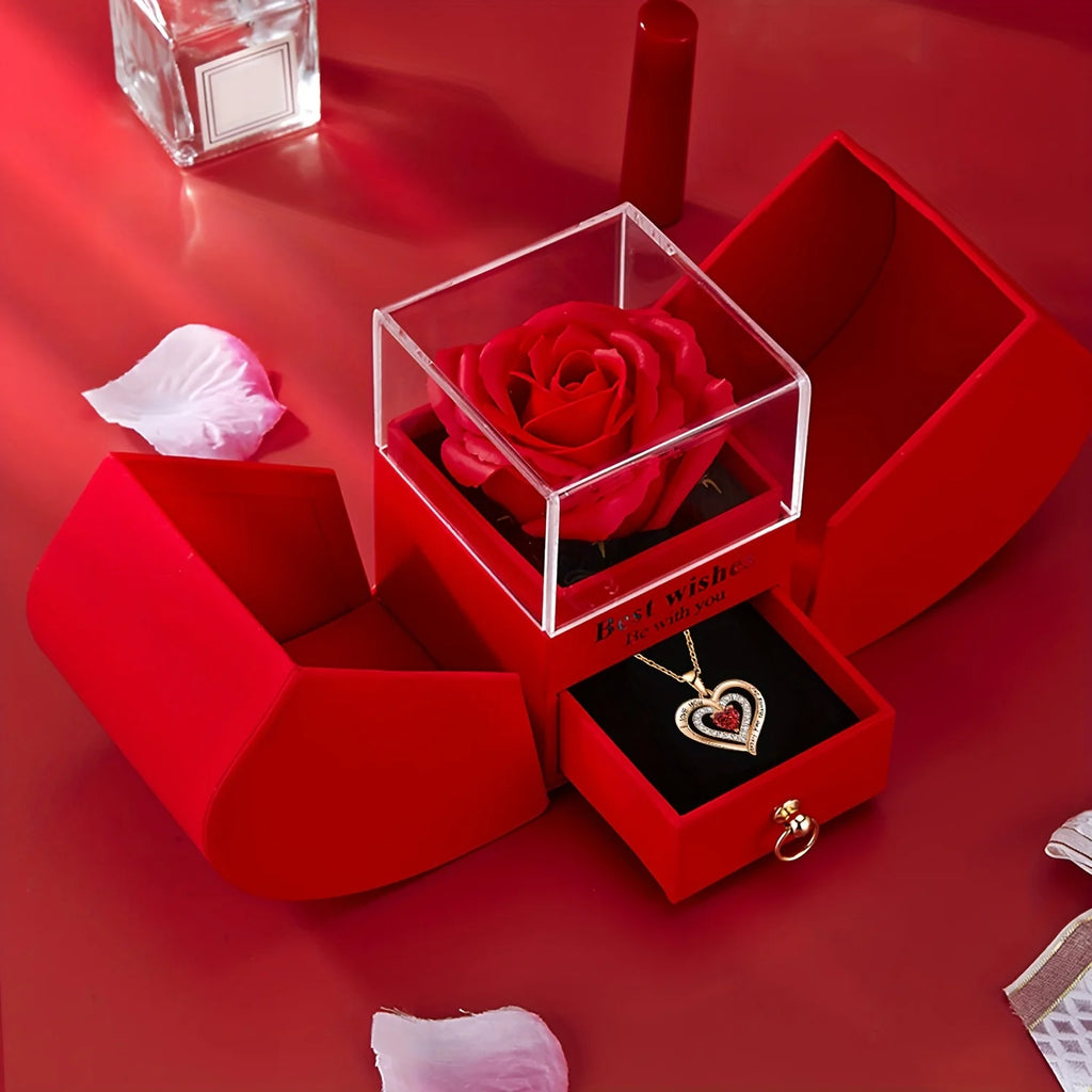 Christmas, Romantic Date Gift High-End Necklace Set with Red Rose Gift Box,Elegant and Charming Necklace Set