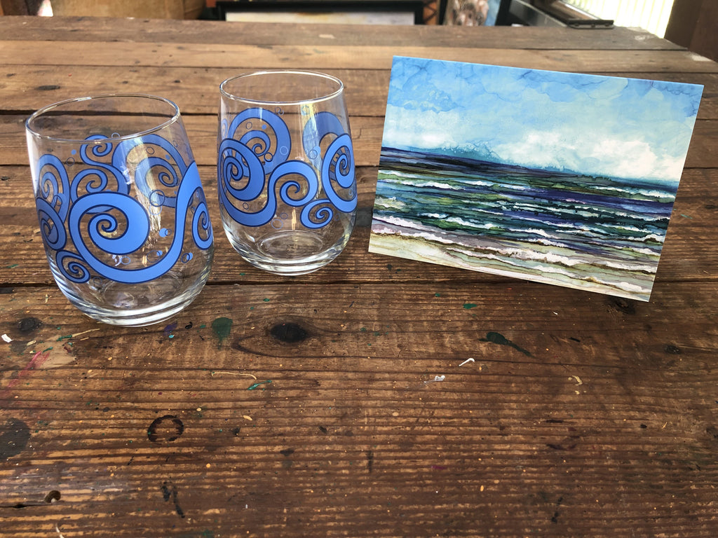 Beach Theme 3 piece Gift Set : Greeting Card and Stemless Wine Glasses