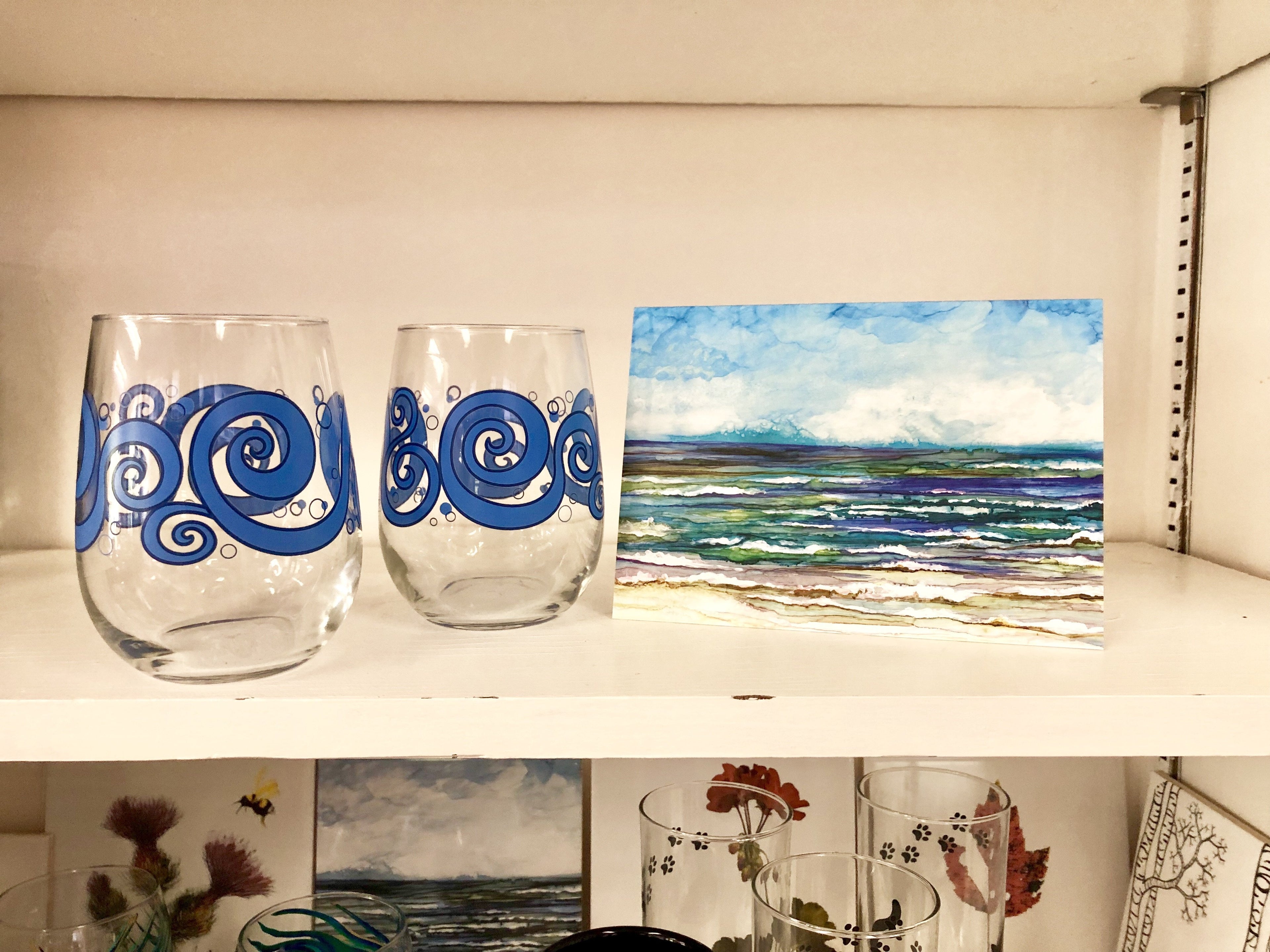 Beach Theme 3 piece Gift Set : Greeting Card and Stemless Wine Glasses